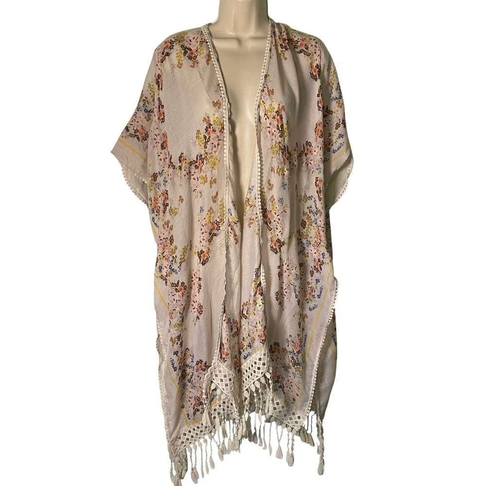 Floral Crochet Lace Kimono Tassel Fringe Cream One Size Beach Festival Boho